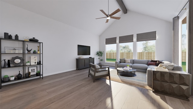 21119 Flowerhorn Dr, Cypress, TX 77433 - living room featuring high vaulted ceiling, beam ceiling, plenty of natural light, wood finished floors, and ceiling fan