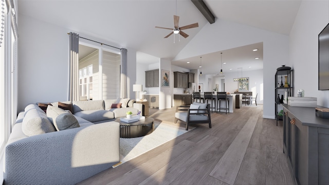 21119 Flowerhorn Dr, Cypress, TX 77433 - living area with ceiling fan, beam ceiling, wood finished floors, high vaulted ceiling, and healthy amount of natural light