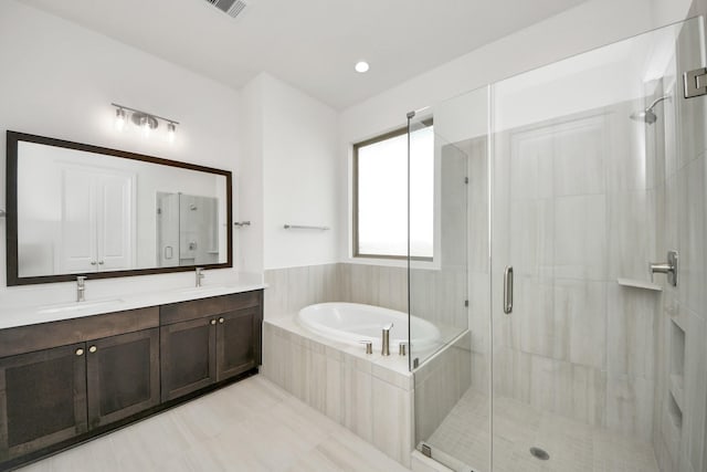 21122 Flowerhorn Dr, Cypress, TX 77433 - full bath featuring a shower stall, a bath, double vanity, and tile patterned flooring