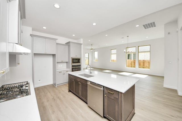 21122 Flowerhorn Dr, Cypress, TX 77433 - kitchen featuring stainless steel appliances, a sink, light wood-style floors, under cabinet range hood, and light countertops