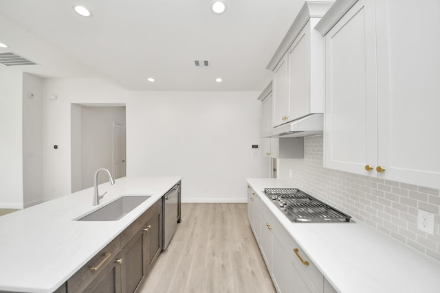 21122 Flowerhorn Dr, Cypress, TX 77433 - kitchen featuring a sink, appliances with stainless steel finishes, under cabinet range hood, recessed lighting, and light wood finished floors
