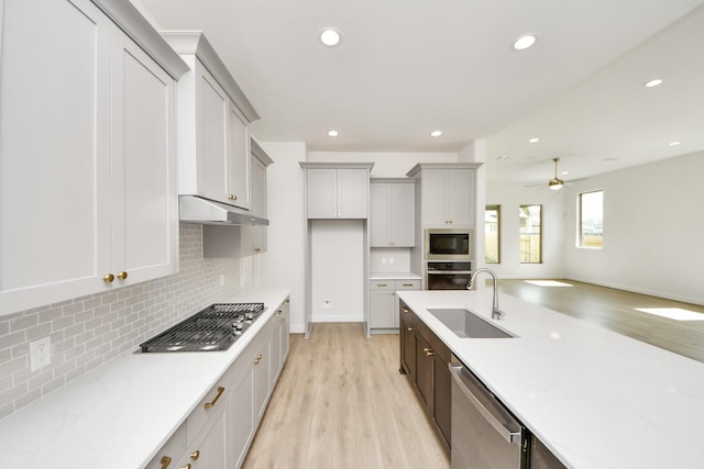 21122 Flowerhorn Dr, Cypress, TX 77433 - kitchen with stainless steel appliances, a sink, light wood-style flooring, under cabinet range hood, and backsplash