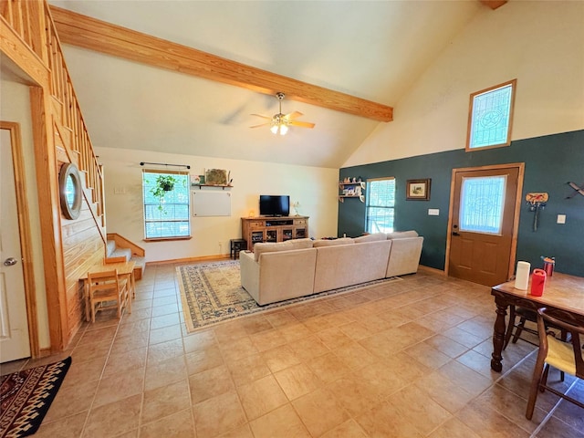 798 Port Blvd, Trinity, TX 75862 - living area with healthy amount of natural light, beam ceiling, ceiling fan, high vaulted ceiling, and light tile patterned flooring