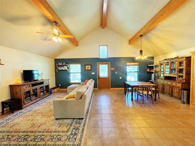 798 Port Blvd, Trinity, TX 75862 - living room with beam ceiling, a ceiling fan, high vaulted ceiling, and light tile patterned flooring