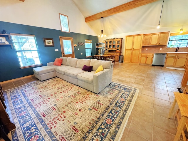 798 Port Blvd, Trinity, TX 75862 - living room with high vaulted ceiling, light tile patterned floors, and beam ceiling