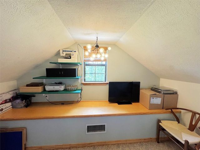 798 Port Blvd, Trinity, TX 75862 - office area with a textured ceiling, lofted ceiling, and baseboards