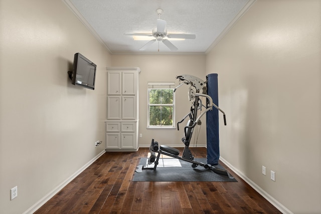 16 Grand Mnr, Sugar Land, TX 77479 - exercise room featuring dark wood-style floors, a ceiling fan, baseboards, crown molding, and a textured ceiling