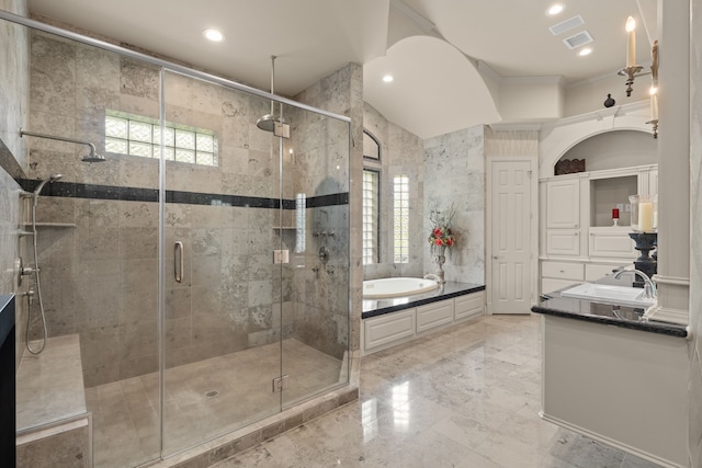 16 Grand Mnr, Sugar Land, TX 77479 - bathroom with a bath, vanity, a stall shower, ornamental molding, and recessed lighting