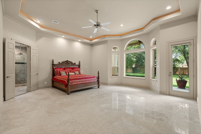 16 Grand Mnr, Sugar Land, TX 77479 - bedroom featuring a raised ceiling, access to outside, baseboards, recessed lighting, and ensuite bath