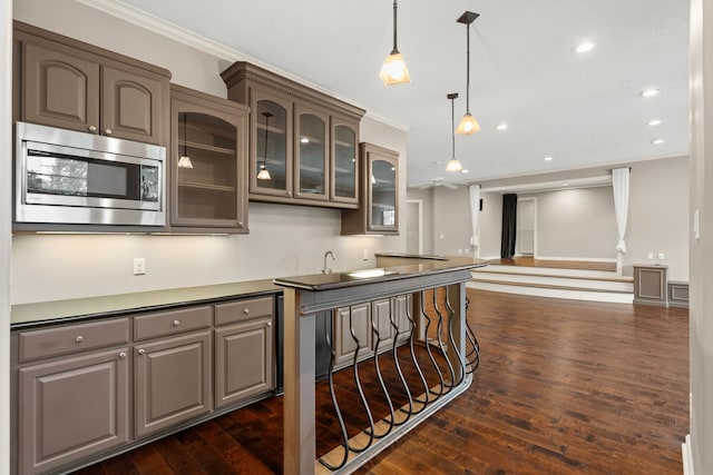 16 Grand Mnr, Sugar Land, TX 77479 - kitchen featuring stainless steel microwave, crown molding, glass insert cabinets, dark wood-style flooring, and recessed lighting
