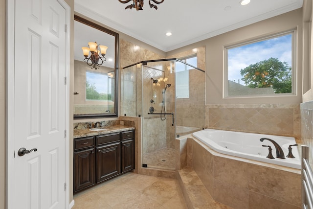 16 Grand Mnr, Sugar Land, TX 77479 - full bathroom with a tub with jets, a stall shower, vanity, healthy amount of natural light, and crown molding