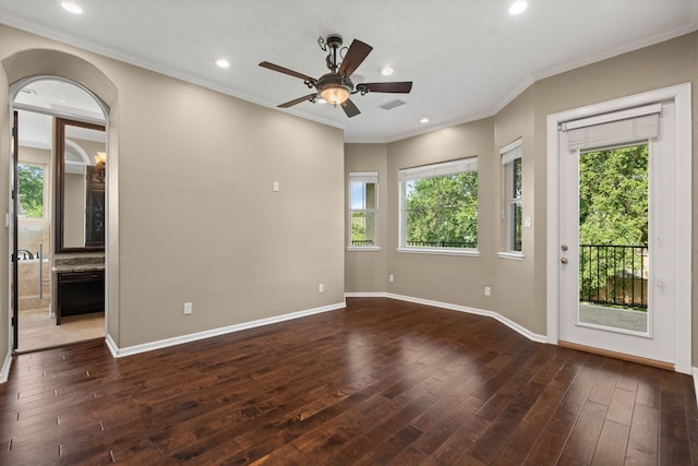 16 Grand Mnr, Sugar Land, TX 77479 - spare room featuring hardwood / wood-style flooring, baseboards, ceiling fan, ornamental molding, and recessed lighting