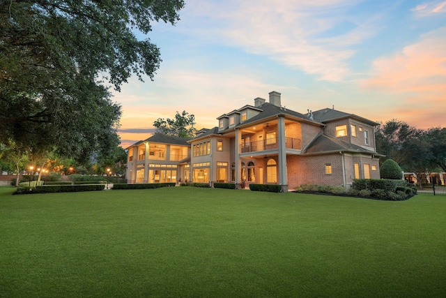 16 Grand Mnr, Sugar Land, TX 77479 - back of house with a balcony, brick siding, and a chimney