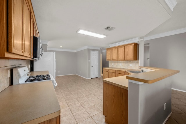 8014 Blackcherry Ln, Baytown, TX 77523 - kitchen featuring white appliances, tasteful backsplash, light tile patterned floors, baseboards, and ornamental molding