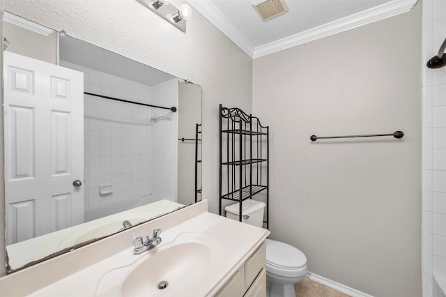 8014 Blackcherry Ln, Baytown, TX 77523 - bathroom with ornamental molding, vanity, toilet, a shower, and baseboards