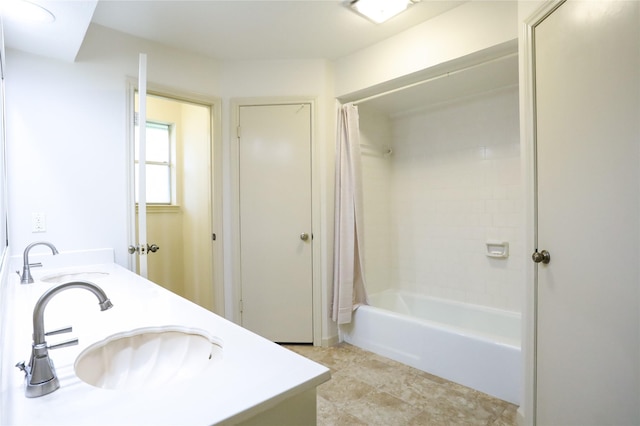 3911 Cypress Lake Dr, Spring, TX 77388 - full bathroom featuring double vanity, shower / bath combo with shower curtain, and tile patterned floors