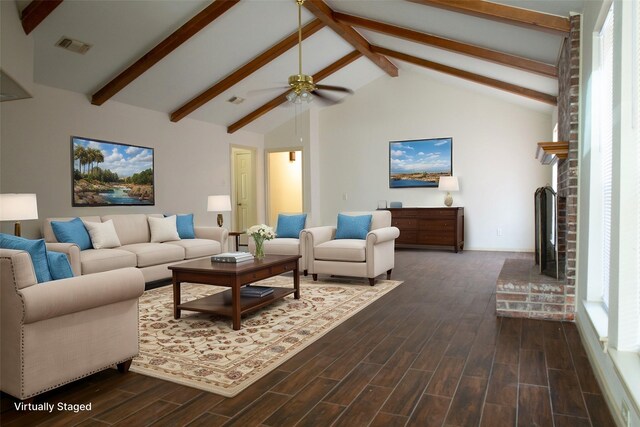 3911 Cypress Lake Dr, Spring, TX 77388 - living room featuring beam ceiling, dark wood-style flooring, ceiling fan, and high vaulted ceiling