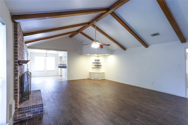 3911 Cypress Lake Dr, Spring, TX 77388 - unfurnished living room featuring ceiling fan, dark wood-style flooring, a fireplace, a chandelier, and baseboards