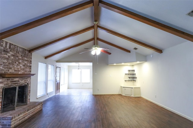 3911 Cypress Lake Dr, Spring, TX 77388 - unfurnished living room featuring ceiling fan, a fireplace, wood finished floors, and baseboards