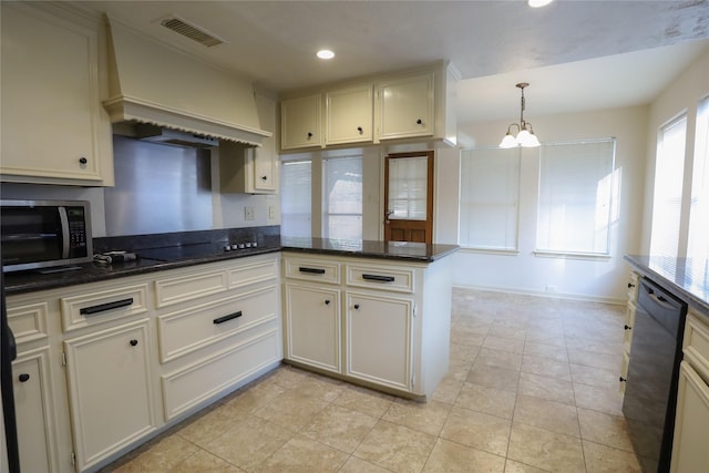 3911 Cypress Lake Dr, Spring, TX 77388 - kitchen featuring black appliances, a chandelier, hanging light fixtures, dark stone counters, and recessed lighting