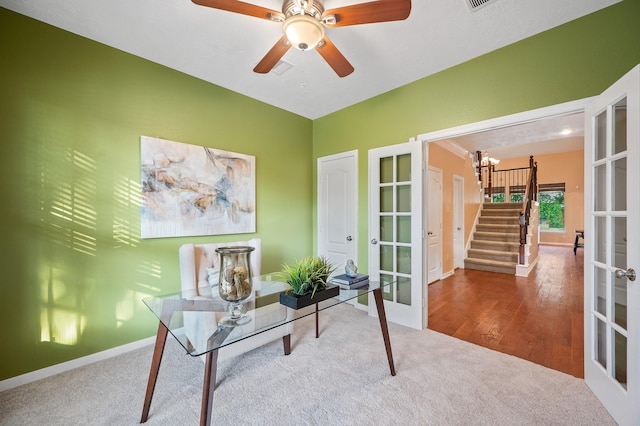 4726 Ashley Hope Dr, Katy, TX 77494 - office area featuring french doors, carpet flooring, baseboards, and ceiling fan
