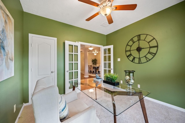 4726 Ashley Hope Dr, Katy, TX 77494 - office featuring french doors, baseboards, carpet flooring, and ceiling fan