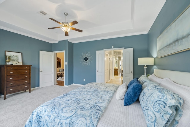 4726 Ashley Hope Dr, Katy, TX 77494 - bedroom with a raised ceiling, carpet flooring, baseboards, ceiling fan, and crown molding