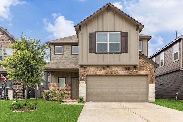922 Steel Blue Dr, Houston, TX 77073 - view of front of property with board and batten siding, driveway, a front lawn, a garage, and brick siding