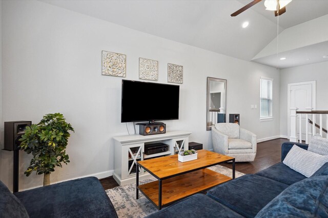 2020 Millbridge Spring Ln, Houston, TX 77051 - living area with wood finished floors, ceiling fan, vaulted ceiling, baseboards, and recessed lighting