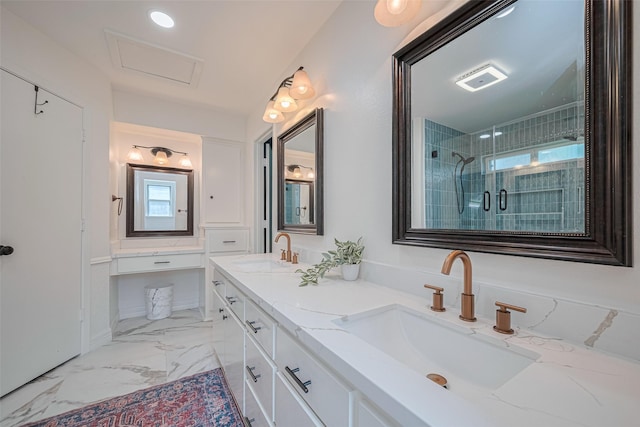 2831 Thorne Creek Ln, Houston, TX 77073 - bathroom with double vanity, a stall shower, and marble finish floors