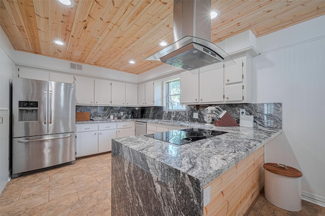 2831 Thorne Creek Ln, Houston, TX 77073 - kitchen with appliances with stainless steel finishes, island range hood, wooden ceiling, backsplash, and a peninsula