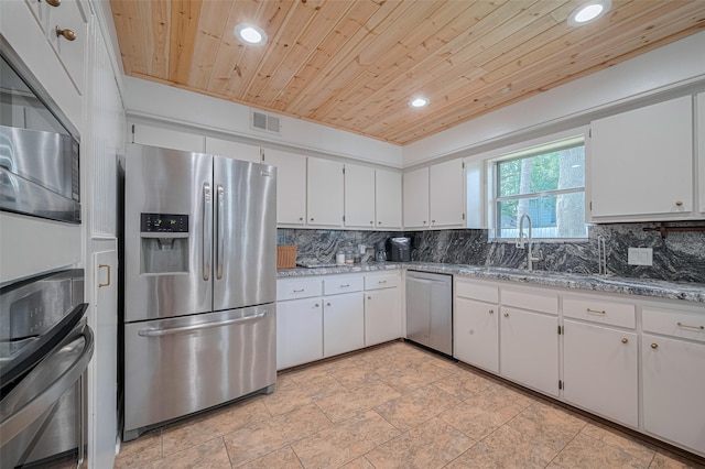 2831 Thorne Creek Ln, Houston, TX 77073 - kitchen featuring appliances with stainless steel finishes, wood ceiling, recessed lighting, white cabinetry, and tasteful backsplash