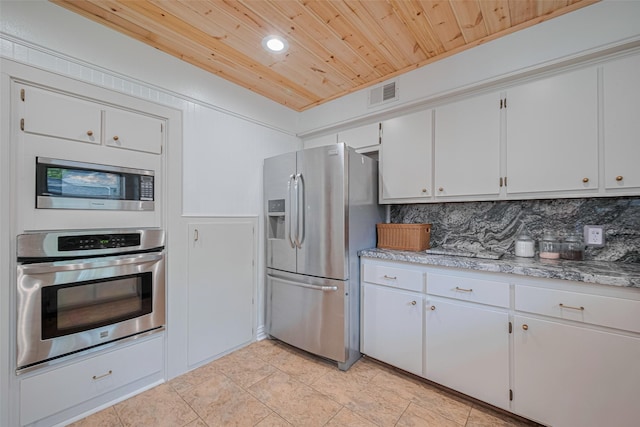 2831 Thorne Creek Ln, Houston, TX 77073 - kitchen featuring appliances with stainless steel finishes, wooden ceiling, white cabinetry, and decorative backsplash
