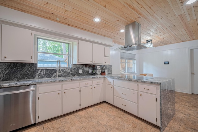 2831 Thorne Creek Ln, Houston, TX 77073 - kitchen featuring stainless steel dishwasher, island exhaust hood, wood ceiling, black electric cooktop, and a peninsula