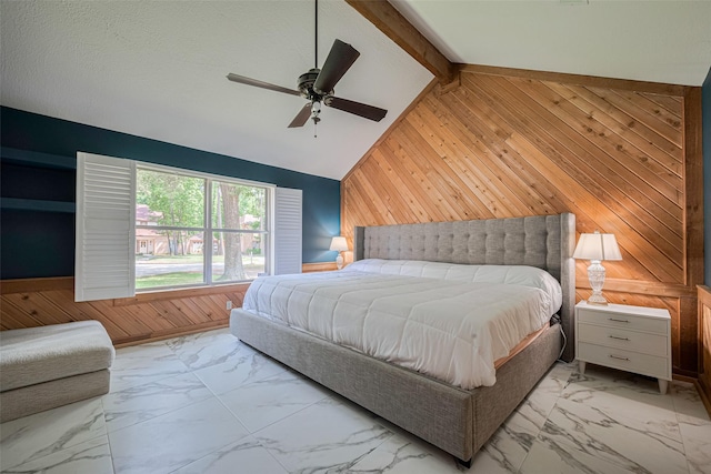2831 Thorne Creek Ln, Houston, TX 77073 - bedroom featuring wood walls, marble look tile flooring, and a ceiling fan
