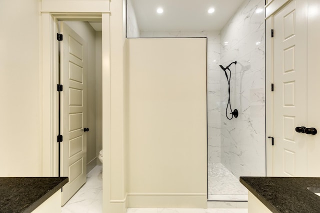 5206 4th St, Danbury, TX 77534 - full bathroom with marble finish floors, a marble finish shower, vanity, toilet, and recessed lighting