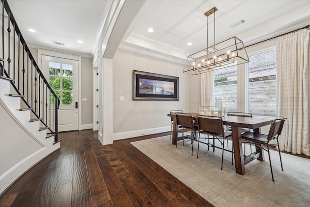 6021 Fordham St, West University Place, TX 77005 - dining space with a chandelier, dark wood-style floors, baseboards, stairs, and recessed lighting