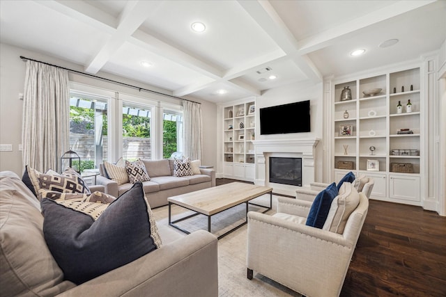 6021 Fordham St, West University Place, TX 77005 - living room featuring dark wood-style floors, coffered ceiling, a glass covered fireplace, beamed ceiling, and recessed lighting