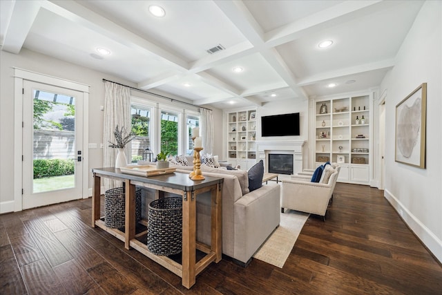 6021 Fordham St, West University Place, TX 77005 - living area featuring dark wood-style flooring, a glass covered fireplace, baseboards, beam ceiling, and recessed lighting
