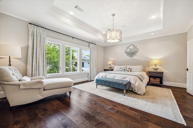 6021 Fordham St, West University Place, TX 77005 - bedroom with crown molding, a raised ceiling, dark wood-style floors, baseboards, and recessed lighting