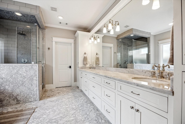 6021 Fordham St, West University Place, TX 77005 - full bath featuring crown molding, double vanity, a stall shower, marble finish floors, and baseboards