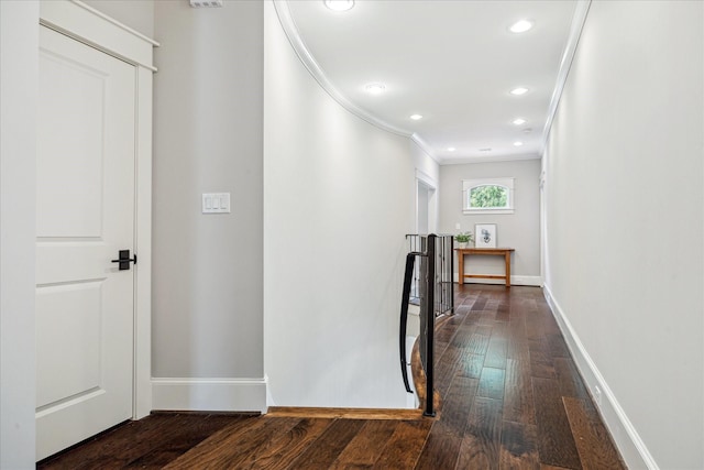 6021 Fordham St, West University Place, TX 77005 - hall featuring dark wood-style flooring, crown molding, baseboards, and recessed lighting