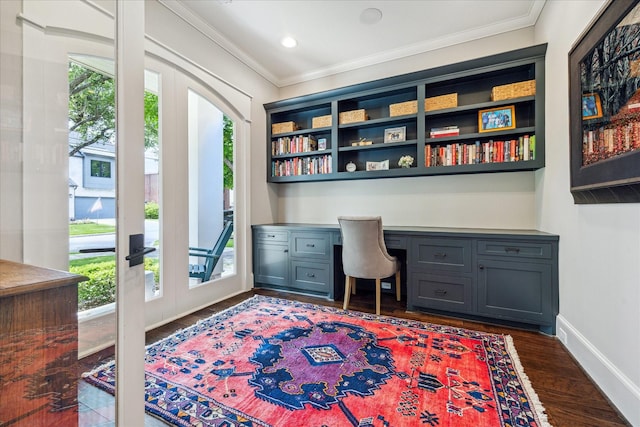 6021 Fordham St, West University Place, TX 77005 - office space featuring built in desk, ornamental molding, dark wood finished floors, baseboards, and french doors