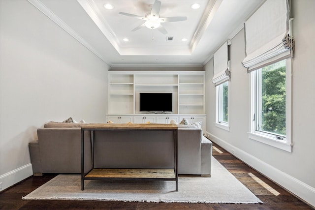 6021 Fordham St, West University Place, TX 77005 - living area with healthy amount of natural light, dark wood-style floors, ceiling fan, baseboards, and recessed lighting