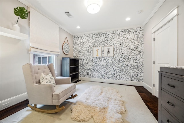 6021 Fordham St, West University Place, TX 77005 - living area featuring crown molding, baseboards, dark wood-type flooring, recessed lighting, and wallpapered walls