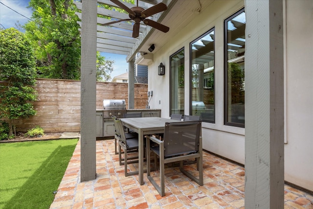 6021 Fordham St, West University Place, TX 77005 - view of patio / terrace with area for grilling, outdoor dining space, ceiling fan, and a pergola