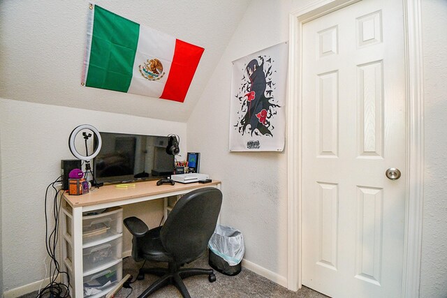 15115 Monrad Dr, Houston, TX 77053 - carpeted office space featuring vaulted ceiling, baseboards, and a textured wall