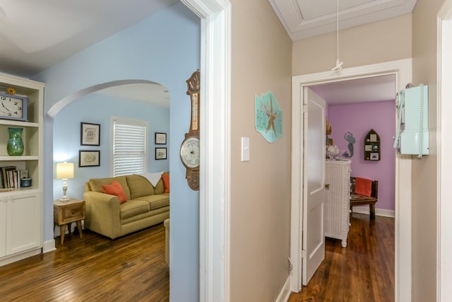 1523 22nd St, Galveston, TX 77550 - hallway with attic access, dark wood-style floors, and arched walkways
