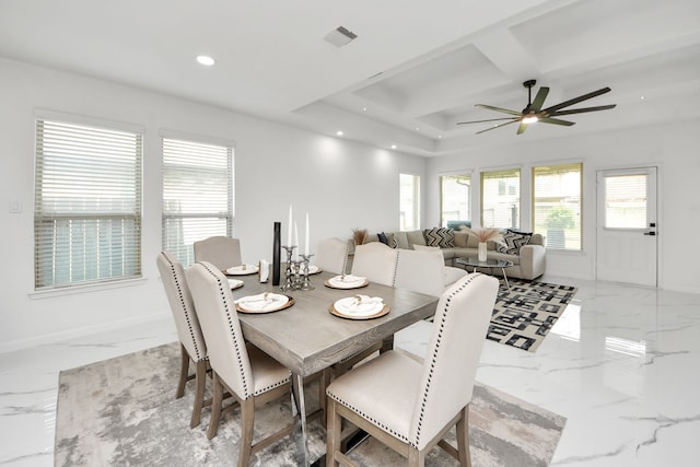 29007 Dryander Forest Ct, Katy, TX 77494 - dining room featuring light marble finish flooring, recessed lighting, ceiling fan, and baseboards