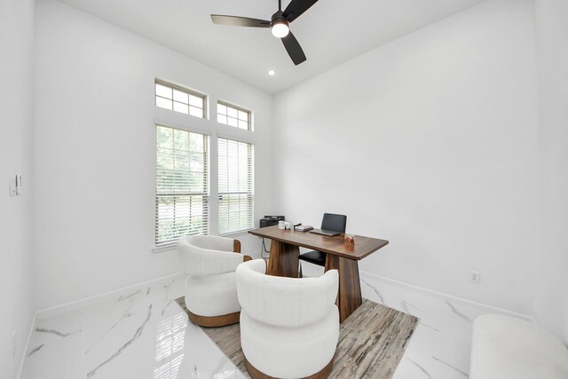 29007 Dryander Forest Ct, Katy, TX 77494 - office area featuring marble look tiles, baseboards, plenty of natural light, a ceiling fan, and recessed lighting